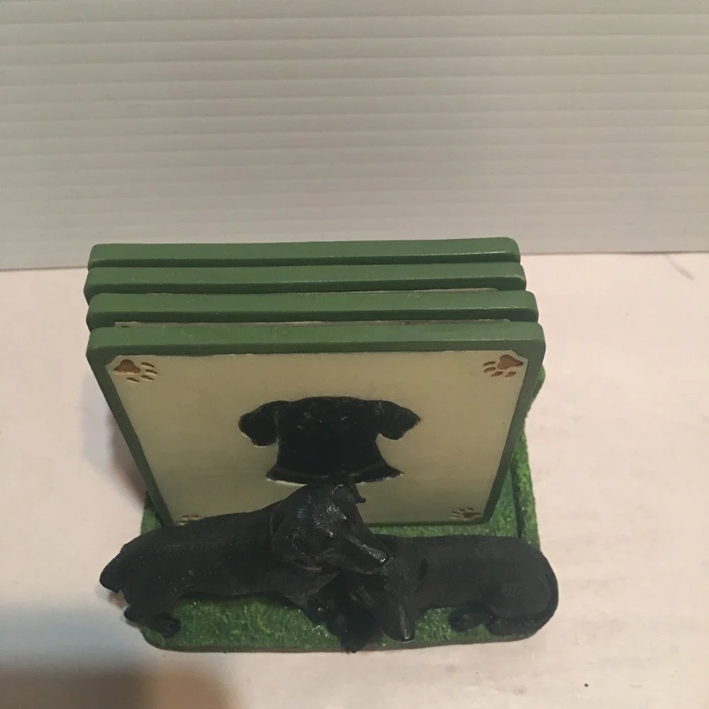 Black Lab Dogs Four Coaster Set with Holder Handpainted 3D Resin Read Descript